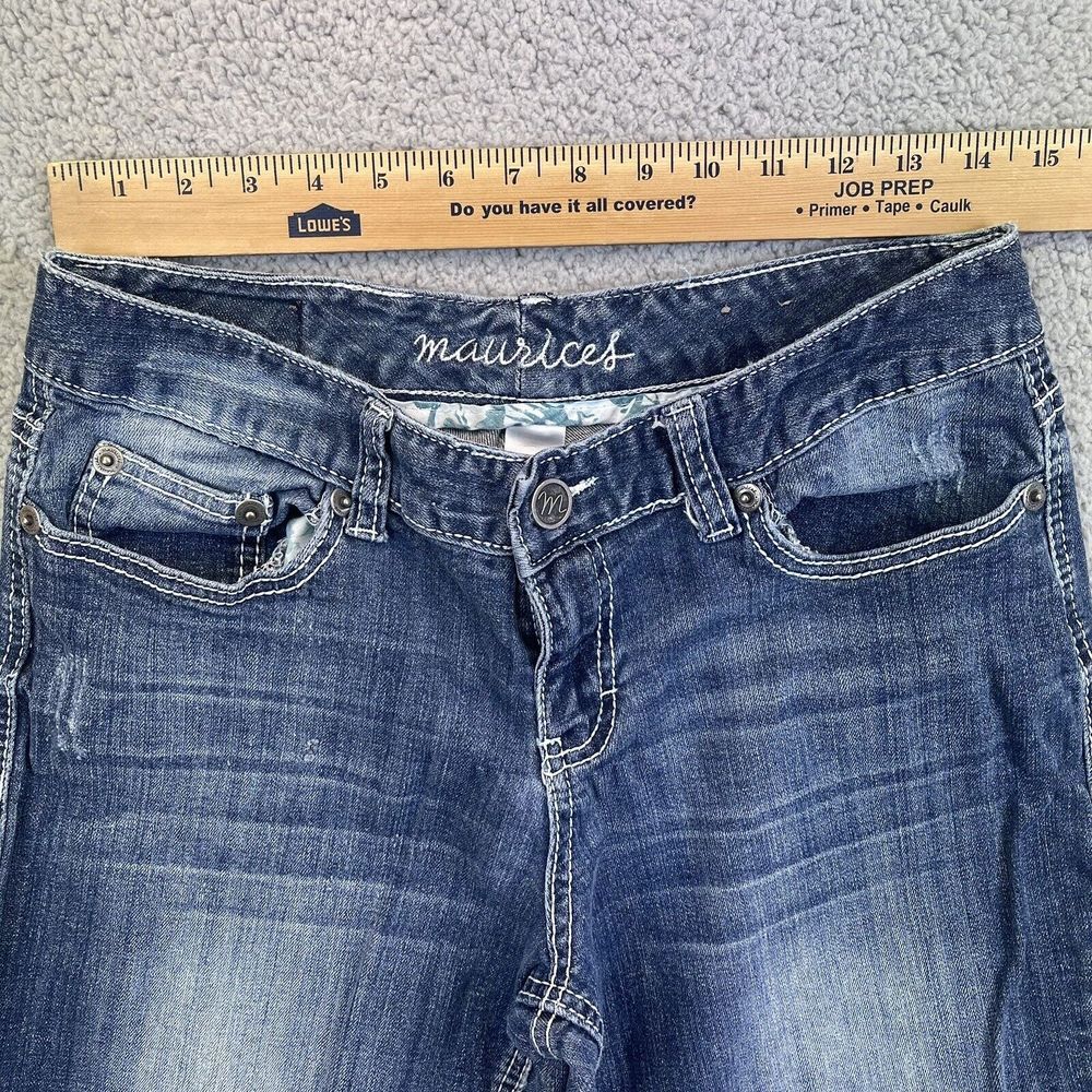 Maurices Women's 9/10 Dark Wash Distressed Stretch Denim Low Rise Bootcut Jeans - Picture 5 of 7